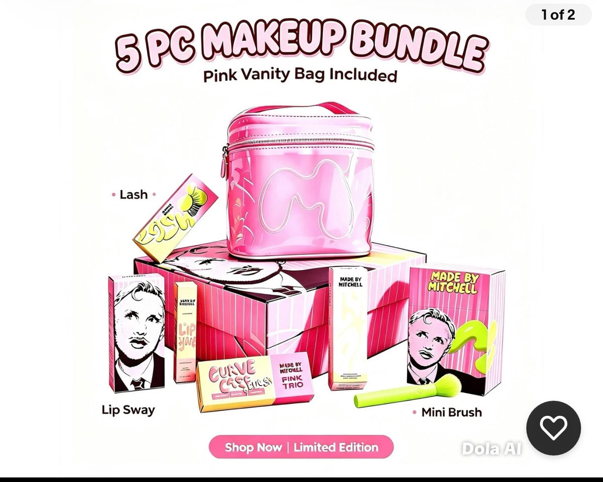 Made By Mitchell 5 Piece Makeup Bundle with Pink Vanity Case