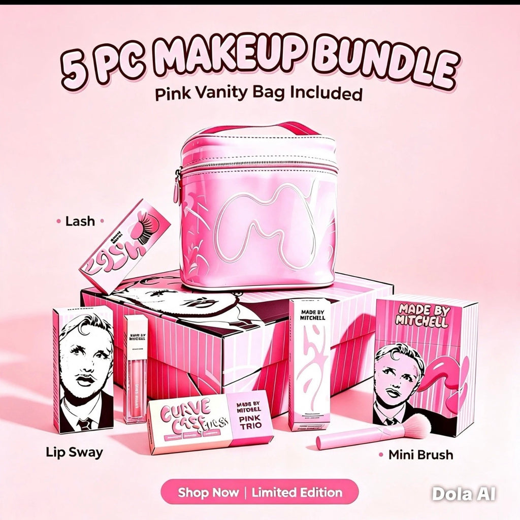 Made By Mitchell 5 Piece Makeup Bundle with Pink Vanity Case